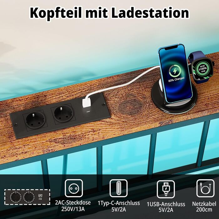 Каркас ліжка IRONCK 180x200, Ліжко зі світлодіодним підсвічуванням та розетками, Місце для зберігання речей під ліжком, 2 розетки змінного струму, 1 порт USB та 1 порт Type-C, Двоспальне ліжко з металевою рейковою основою, 180x200 см