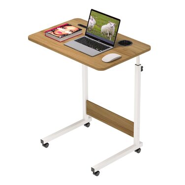 Стіл для ноутбука 60x40 см, стіл з регульованою висотою, комп&39ютерний стіл, мобільний стіл для ноутбука з поворотними колесами, слотом для карток та підставкою для чашок для спальні, офісу (колір дерева)