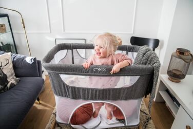 Дитяче ліжечко Momi SMART Bed 4-в-1 до 15 кг, приліжкове ліжечко для немовлят з матрацом, регульована висота, сірого кольору, одномісне