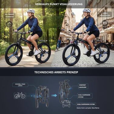 Складаний велосипед LSLIFE 27,5 дюймів, 21 швидкість, професійний кузов, алюмінієва рама, подвійні дискові гальма, передня підвіска, гірський велосипед для чоловіків/жінок, 27,5 дюймів, чорний/синій