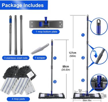 Швабра для миття підлоги, швабра з мікрофібри з телескопічною ручкою 128 см, швабра для підлоги з 4 швабрами для твердої деревини,