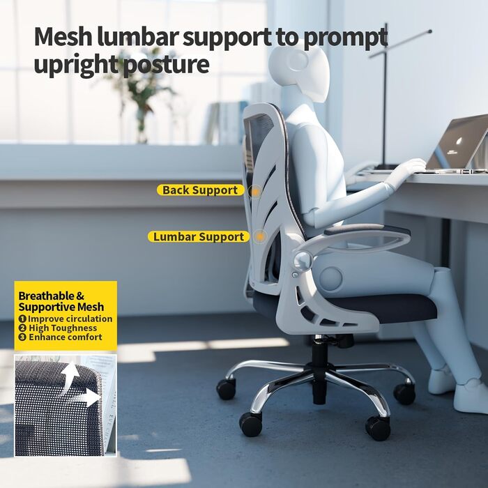 Ергономічне офісне крісло зі складною спинкою, письмове крісло з подовженим сидінням (52 см), відкидними підлокітниками та сітчастою поперековою опорою, обертове крісло, комп&39ютерне крісло, білий колір
