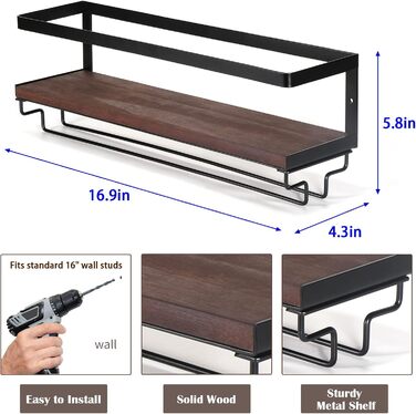 Настінна винна полиця B4Life з тримачем для келихів, набір із 2 дерев&39яних стійок для винних келихів, вінтажна підставка для пляшок із плаваючих полиць із келихами, настінна винна полиця з тримачами для їдальні, дому, бару, кухні