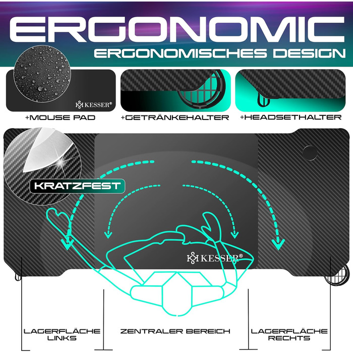 Ігровий стіл KESSER зі світлодіодним освітленням, 160 см x 60 см Z-подібний ігровий стіл Кріплення для навушників та вуглецеве покриття Ергономічний комп&39ютерний стіл Міцний стіл з підсклянником, чорний, 160 x 60 см, вуглецеве покриття зі світлодіодним 