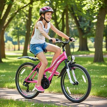 Гірський велосипед Talson 24 дюйми для дівчаток з ліхтарями та 21-швидкісною коробкою передач Shimano, рожевий