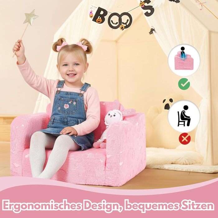 Дитячий диван MeMoreCool, розкладний, дитячий диван, диван-ліжко для малюків 2-в-1, дитяче крісло, міні-диван для дитячої кімнати, вишуканий ігровий диванчик для дівчаток та хлопчиків, рожевий