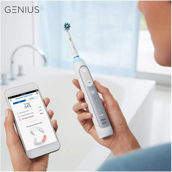 Електрична зубна щітка Oral-B Genius 8500, 5 режимів чищення зубів для догляду за зубами та додаток Bluetooth, дизайнерське видання з дорожнім кейсом, подарунок для неї/нього, срібло