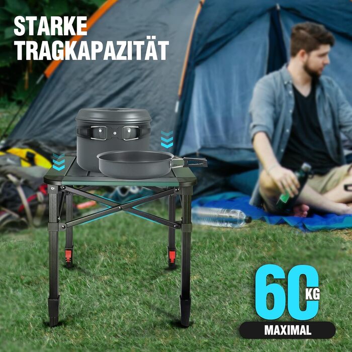 Алюмінієвий розкладний стіл VILLEY з сумкою для перенесення, складний кемпінговий стіл з алюмінію, складний балконний стіл, садовий стіл для пікніків, кемпінгу та пляжного відпочинку на свіжому повітрі, 40 * 40 * 53 см, малий