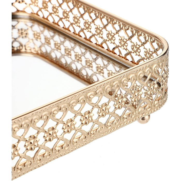 Піднос для парфумів ELLDOO, піднос із дзеркалом, піднос для макіяжу, різьблений піднос для ювелірних виробів, скло, метал, піднос для зберігання ювелірних виробів, органайзер для дому, золотий, середній розмір золото, срібло 30 x 20,1 x 5,1 см