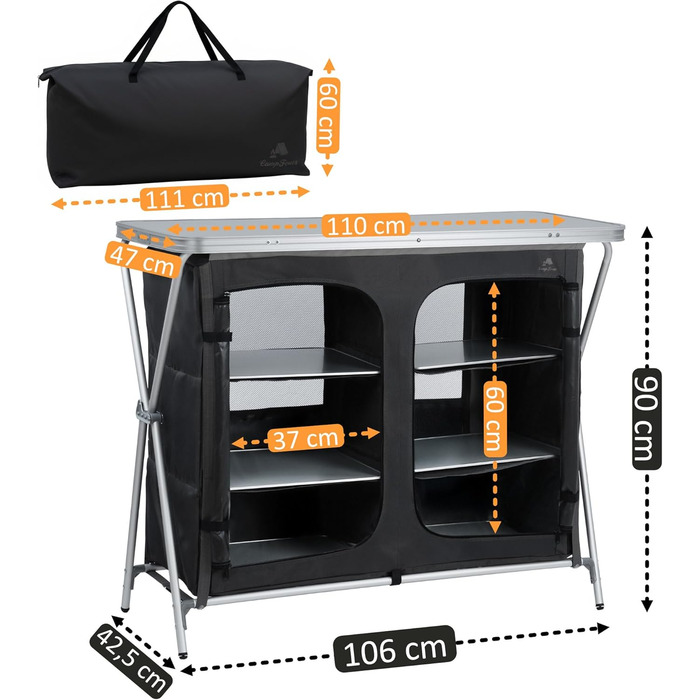 Складана кемпінгова шафа CampFeuer 110 см x 47 см x 90 см Кемпінгова кухня з 2 отворами на блискавці Кемпінгова полиця з алюмінієвою рамою, складна кемпінгова шафа, кемпінгова кухня, кемпінгові меблі