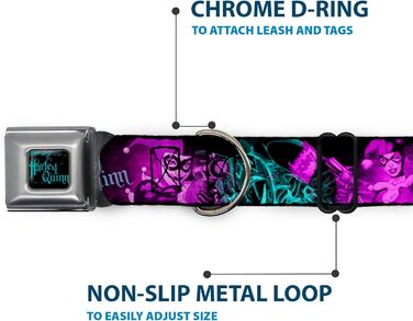 Нашийник для собак Buckle-Down з пряжкою, Harley Quinn, прицільні пози Джокера, чорний, бірюзовий, фуксія, ширина 2,5 см, для обхвату шиї 38-66 см, великий розмір (DC-WJK047-L)