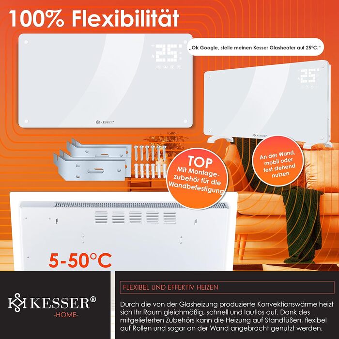 Скляний конвекторний обігрівач KESSER, електричний радіатор із застосунком, функцією Wi-Fi та пультом дистанційного керування Окремостоячий або настінний Сенсорний екран РК-дисплей Таймер 2500 Вт Білий