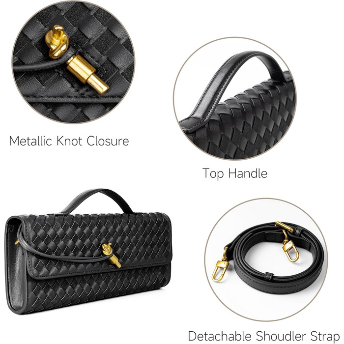 Плетений гаманець для жінок, вечірня сумочка, клатч, плетена шкіра, сумка через плече, офіційна вечірня сумка. Чорна плетена шкіра та замша.