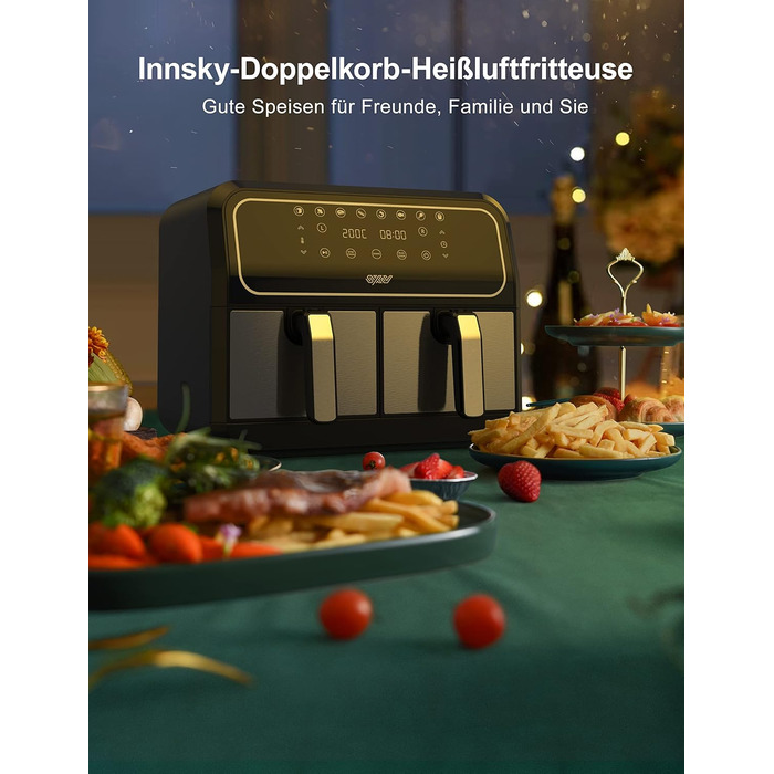 Двозонна фритюрниця Innsky двокамерна 8 л, 8 програм подвійна фритюрниця, фритюрниця з 2 кошиками, фритюрниця гаряче повітря без олії, подвійне приготування, синхронізація готової технології, режим струшування X-Large
