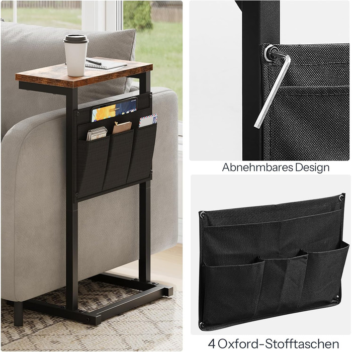 Журнальний столик HOOBRO C-подібної форми, столик до дивана, тумбочка, столик для перекусу, з 4 кишенями з тканини Оксфорд для невеликих приміщень, вітальні, спальні, ванної кімнати, вінтажний коричневий та чорний EBF43SF01