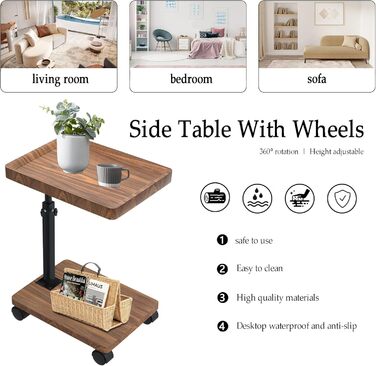 Журнальний столик з колесами Журнальний столик з регульованою висотою (45-80 см) Дерев&39яні жорстокі столики, С-подібної форми, обертаються на 360, з горіховим покриттям Невеликий журнальний столик для вітальні, дивана, кушетки (горіх)