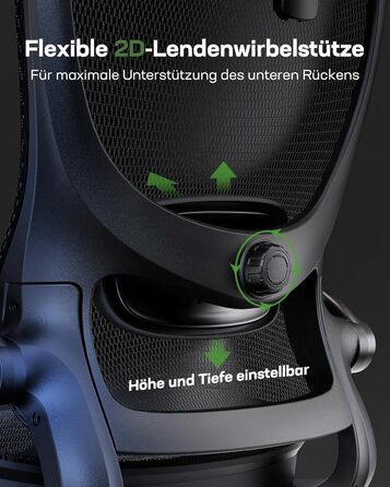 Ергономічне офісне крісло Marsail з високою сітчастою спинкою, адаптивною поперековою опорою, 2D-підголівником, 3D-складними підлокітниками, регулюванням висоти та нахилу, чорне, колір сажі