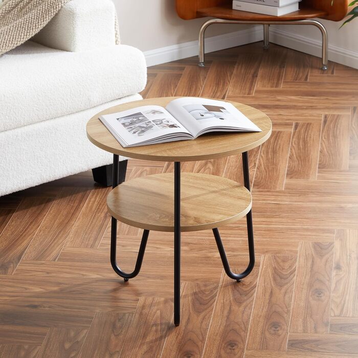 Круглий журнальний столик Mingone, бічний столик з 2 полицями, сучасний диванний столик з місцем для зберігання, маленький столик для вітальні, спальні, балкону, кольору дерева