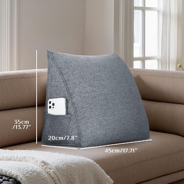 Ортопедична клиноподібна подушка - Ергономічна спинна подушка для ліжка та дивана зі знімним чохлом, ідеально підходить як подушка для читання та спинка (темно-сіра, 45x20x35 см)