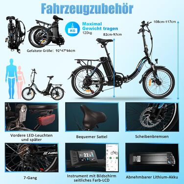 Складний 20-дюймовий електричний велосипед KAISDA E-Bike 20-дюймовий електричний велосипед з двигуном потужністю 250 Вт 36 В 13 Ач, знімний літій-іонний акумулятор до 100 км, 7-швидкісний, Pedelec Ebike E-Citybike E-Bike E-Bike для дорослих чорний