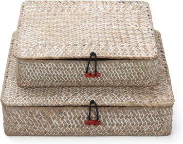 Прямокутний кошик для зберігання з ротанга, полиці з натуральної плетеної морської трави з кришками, 2 предмети (великий малий для білої білизни)