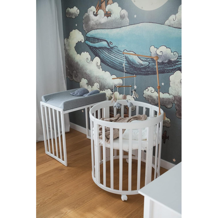 Дитяче ліжко Waldin Oval, комплект трансформованого 7-в-1, ліжечко, дитяче ліжко з матрацом, пеленальний столик, приліжкове ліжечко, дерево білого кольору, комплект тканини не входить до комплекту