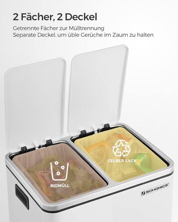 Відро для сміття для кухні, 2 х 15 л, система розділення відходів 2 відділення, сміттєвий бак, педальний бак, для жовтого пакета,