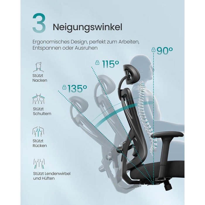 Ергономічне офісне крісло SONGMICS OBN063B01, навантаження до 150 кг, сітка, чорний