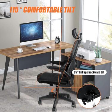 Ергономічне офісне крісло OHMG, офісне крісло з сітчастої тканини, поперекова опора та сидіння з регульованим кутом нахилу, підголівник, регульовані підлокітники, поворотні колеса на 360, вантажопідйомність 200 кг (чорне, 125 x 65,5 x 64 см) Чорний - 125 