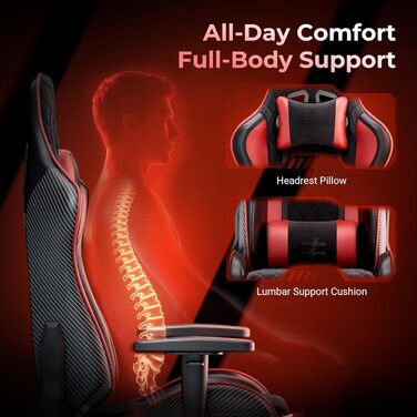 Ергономічне ігрове та офісне крісло seenda GCPro-10, безступеневе регулювання 145 з підставкою для ніг, суцільнометалевий каркас до 150 кг, 2D підлокітники, подушка для голови та попереку, чорно-сірий (чорний червоний)