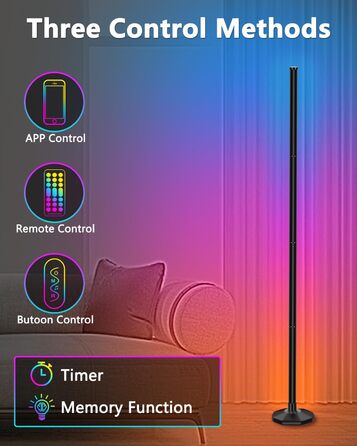 Світлодіодний торшер Bowfar для вітальні, торшер RGBIC 165 см з регулюванням яскравості 3000K-6500K Світлодіодний кутовий світильник з дистанційним керуванням і APP, 16 мільйонів кольорів, музичні режими, 300 сюжетних режимів, торшер для спальні, ігровий 