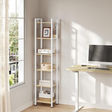 Ярусна полиця для зберігання WOLTU, кухонна полиця з 4 гачками, книжкова полиця в індустріальному стилі, окремостояча полиця для вітальні/кухні, вузька драбина, білий світлий дуб, 40x30x187 см, 6-