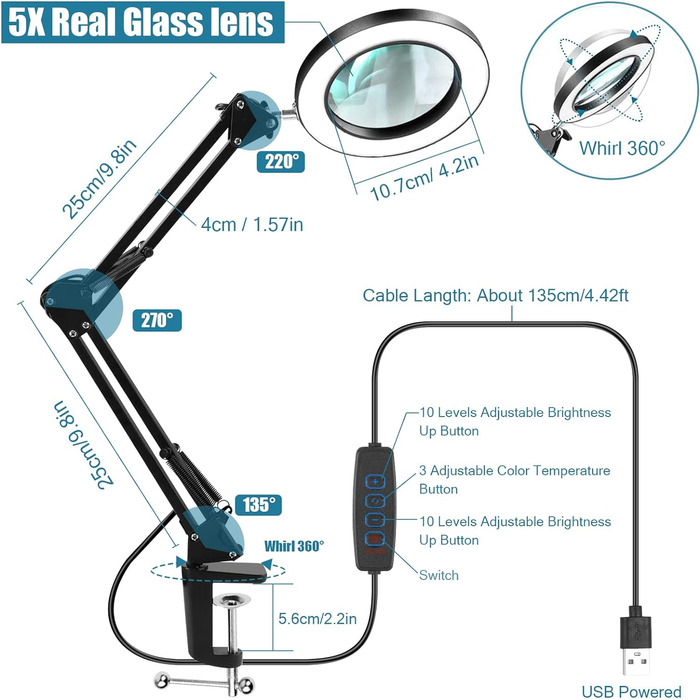 Світлодіодна лупа LabTEC, лупа з підсвічуванням, настільна лампа з 5-кратною лупою, затемнення, 3 колірні режими, 12 Вт 1200 лм, 10 рівнів яскравості, лампа-лупа для рукоділля, читання, ремонту, шиття чорного кольору