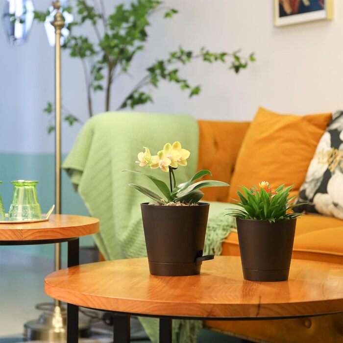 Пластиковий квітковий горщик T4U 16,5 см з системою поливу, набір із 6 самополивних кашпо з блюдцями, круглі кашпо для кімнатних та балконних садових рослин, сукулентів, кактусів, чорний 16,5 см чорний