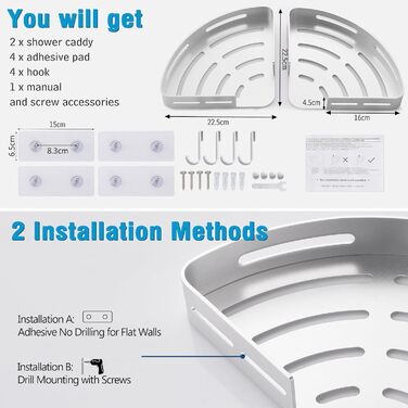Душова полиця Душова полиця кутова Без свердління Душова корзина Настінне кріплення Клейка прокладка Срібло Алюміній 2 шт. Тримач для гелю для душу Шампуні Кутова полиця Кутова полиця для душу Ванна Кухня Срібло Блискучий