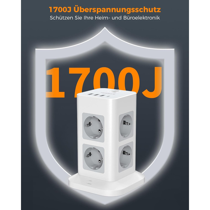 Місна розетка з USB C, захист від перенапруги з 3 USB і 1 USB C, розетка з вимикачем, подовжувач 2M для дому, 3600 Вт 2 метри, 8-