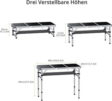 Кемпінговий стіл Anbte, розкладний стіл з алюмінію, 88x40 см (ДxШ) з 3 регульованими висотами, портативний стіл для пікніка з сіткою для зберігання, стіл-валіза, стіл для гриля, садовий стіл для кемпінгу, вечірок, пляжу (чорний)