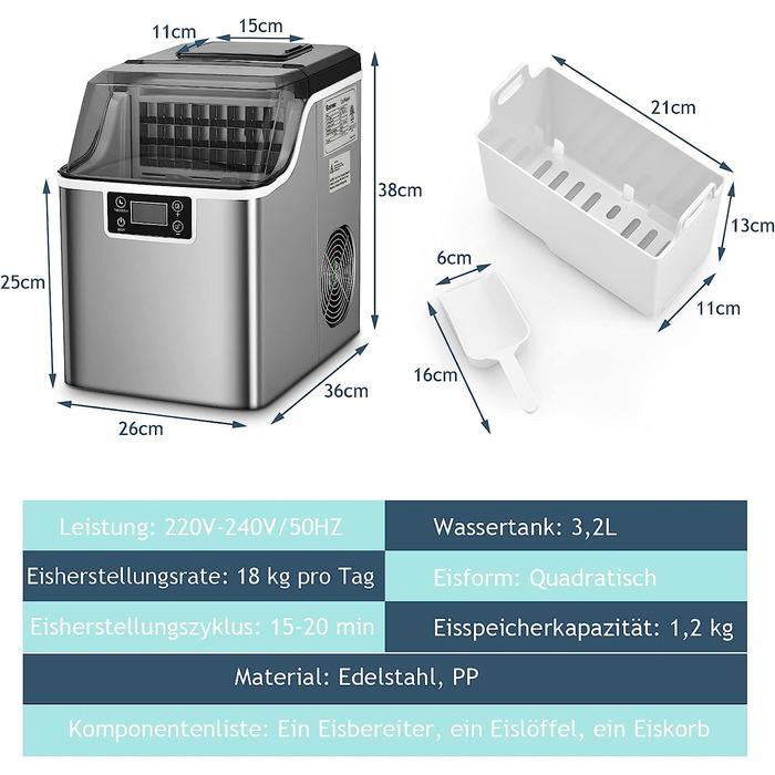 Машина для приготування кубиків льоду GOPLUS, 18 кг/24 години, льодогенератор з резервуаром для води 3,2 л, кошиком для льоду 1,2 кг і черпаком для кубиків льоду, 24 кубики льоду за 15-20 хвилин, для домашньої офісної вечірки