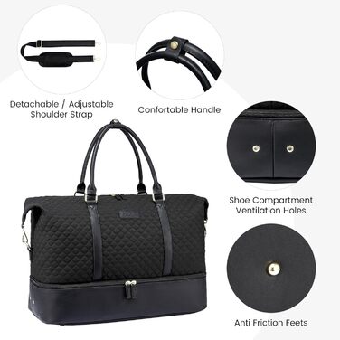 Жіноча дорожня сумка Sucipi, сумка для вихідних, сумка для лікарні, сумка для пологів, сумка для мами, велика водонепроникна спортивна сумка, дорожня сумка з відділенням для взуття та вологим відділенням для авіаподорожей, тренажерний зал, кемпінг, чорний