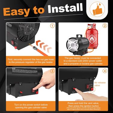 Газовий пропановий обігрівач, 15 кВт, портативний газовий обігрівач з п&39єзорозпалом, професійний повітродув гарячого повітря (клас захисту IPX4) для будівельних майданчиків, майстерень, гаражів та складів