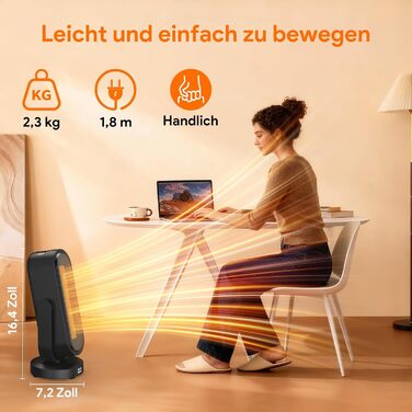 Енергозберігаючий вентилятор-обігрівач Minthouz, керамічний вентилятор-обігрівач потужністю 1500 Вт з PTC, 4-позиційним коливанням та дистанційним керуванням, екотермостат, 8-годинний таймер, захист від перегріву та перекидання, тихий для вітальні, спальн