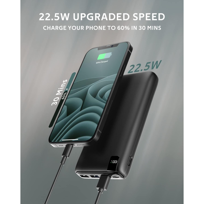 Зовнішній акумулятор ADDTOP Power Bank 26800 мАг, 22,5 Вт Power Bank USB C з PD 20W Power Delivery, портативний зарядний пристрій з 4 портами, сумісний зі смартфоном, планшетами та іншими чорними одиночними пакетами