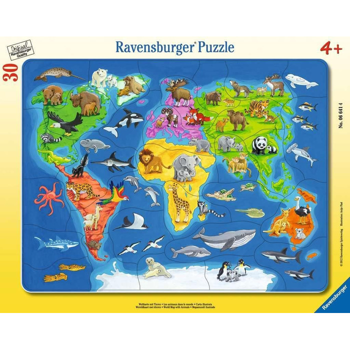 Дитячий пазл Ravensburger - 06641 Карта світу з тваринами - рамковий пазл для дітей від 4 років, 30 елементів