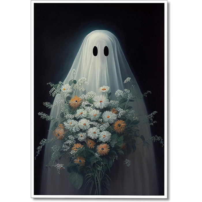 Хелловін привид полотно мистецтво, смішні, милі привиди з квітами плакат, темна академія, моторошна прикраса кімнати, естетичний,