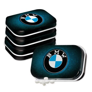 Ностальгічно-арт ретро-таблетка, 4 x 6 x 1,6 см, BMW блакитний логотип із блиском (набір з 4 шт. ) ідея подарунка для шанувальників аксесуарів BMW, офіційно ліцензований продукт (OLP), з м&39ятними драже, вінтажний дизайн, 4 шт. и