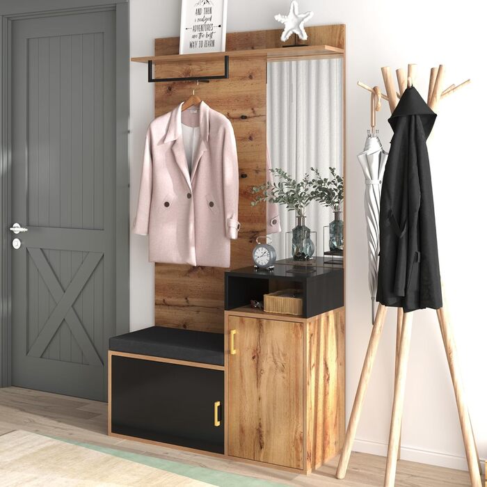 Набір вішалок для одягу Ymkua настінна вішалка, набір вішалок для передпокою з підставкою для взуття, дзеркалом і подушками, набір