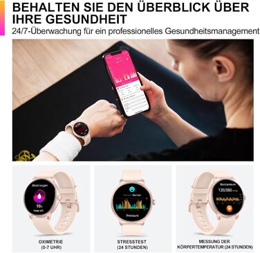 Розумний годинник для жінок та чоловіків, 1,43-дюймовий AMOLED-дисплей, Bluetooth-дзвінки, фітнес-трекер із монітором серцевого ритму та сну, водонепроникний фітнес-годинник IP68 для Android та iOS, рожевий