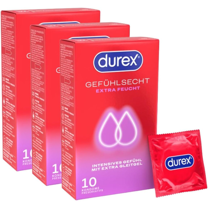 Презервативи Durex Gefühlsecht Extra Feucht, надмірно змащені, 30 шт (3×10)