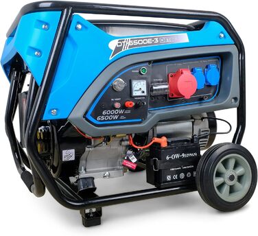 Бензиновий генератор 15 к.с. з електричним стартером Мобільний генератор 400 В 2 x 230 В 6,5 кВт 3-фазний високовольтний генератор 4-тактний бензиновий двигун 420 куб.см Тихий генератор 93 дБ(A)