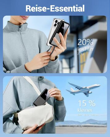 Портативний зарядний пристрій ємністю 26800 мАг, 22,5 Вт із USB-C та швидкою зарядкою, 3 порти та 2 вбудовані кабелі, зовнішній акумулятор, сумісний з iPhone 17 16 15 14 13 Android, чорний